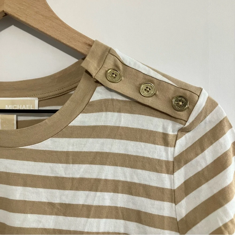 Michael Kors Tand and White Striped Tshirt Size Large - Picture 2 of 7